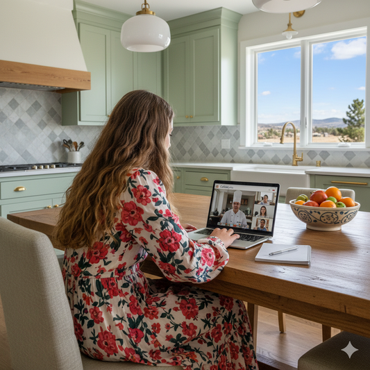 Woman in a floral dress using a laptop in a kitchen with a view of the outdoors.