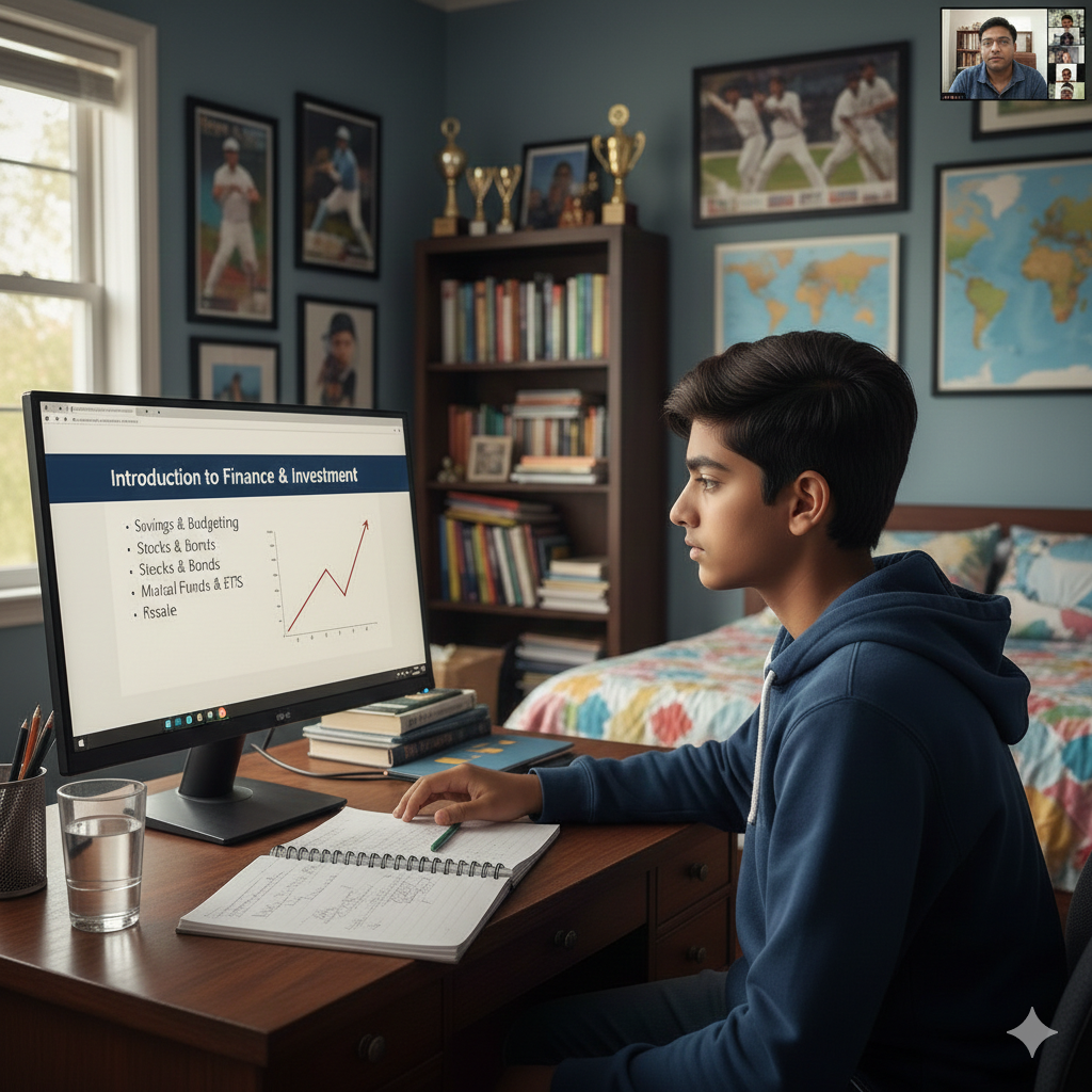 Person studying finance and investment on a computer in a bedroom with books and maps. Brightspire Virtual School