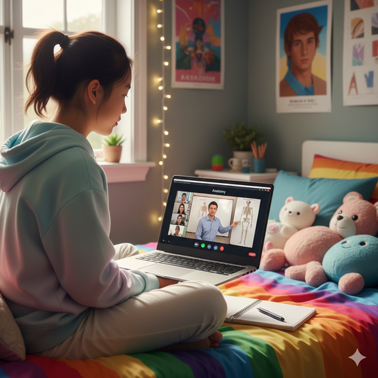 Person sitting on a bed with a laptop, surrounded by colorful pillows and stuffed animals, in a room with posters on the wall.