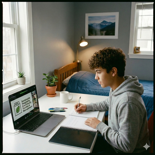 Person studying in a bedroom with a laptop and notebook Brightspire Virtual School