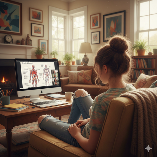 Woman sitting on a couch in a living room, using a computer with educational content displayed.