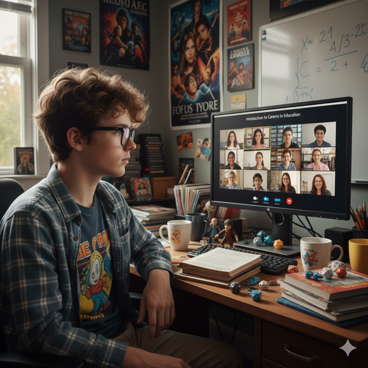 Young boy sitting at a desk with a computer screen displaying a virtual meeting.