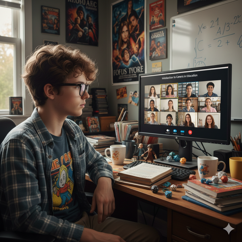 Young boy sitting at a desk with a computer screen displaying a virtual meeting. Brightspire Virtual School