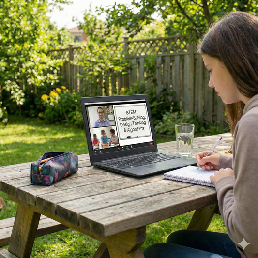 Person sitting at a wooden table outdoors, using a laptop for a video call with educational content displayed. Brightspire Virtual School