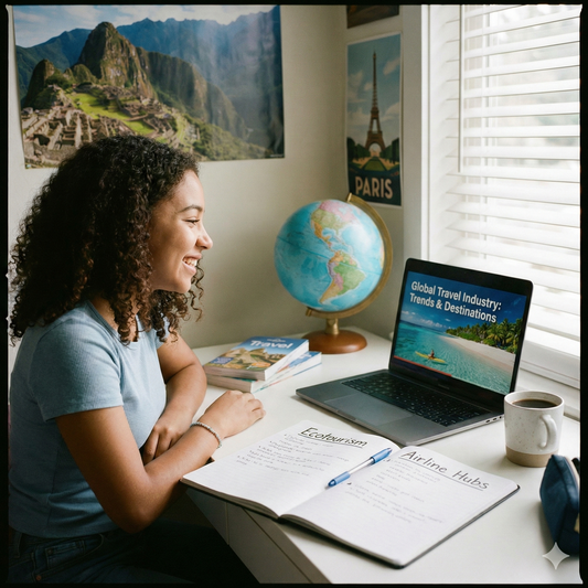 Person sitting at a desk with a laptop, books, and a globe, with scenic posters on the wall. Brightspire Virtual School