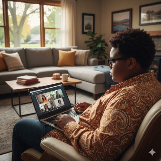 Person sitting in a cozy living room, using a laptop for a video call. Brightspire Virtual School