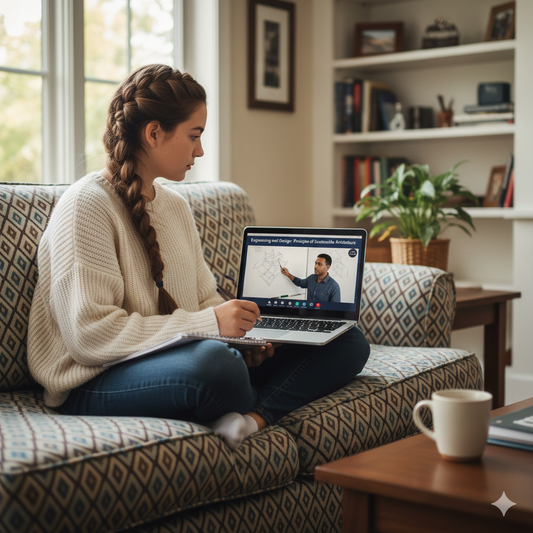 Woman sitting on a couch using a laptop in a home setting Brightspire Virtual School