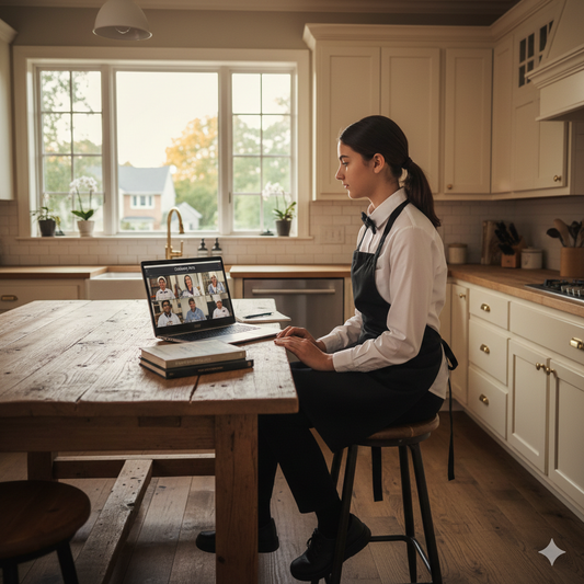 Person sitting at a kitchen table with a laptop, engaged in a video call. Brightspire Virtual School