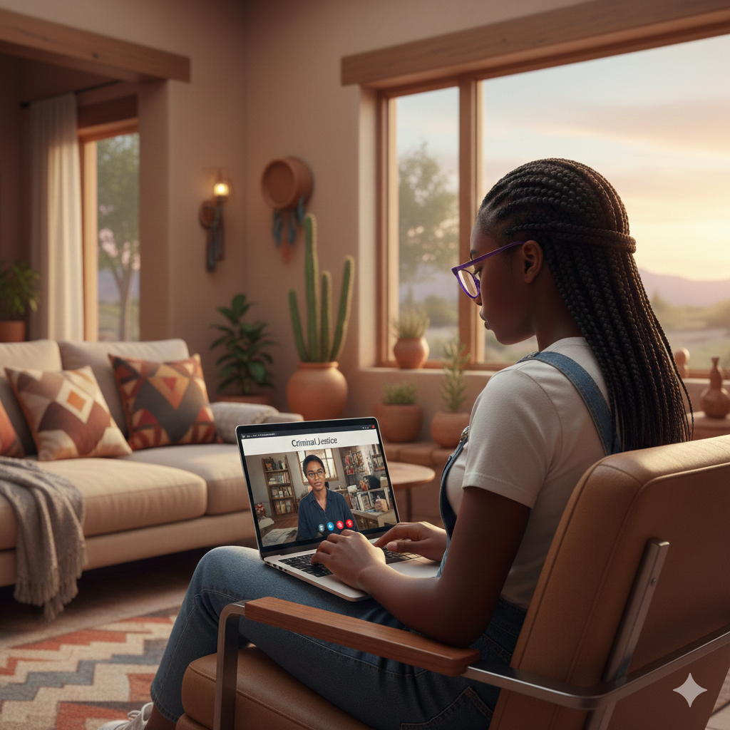 Woman sitting in a cozy living room using a laptop for a video call Brightspire Virtual School