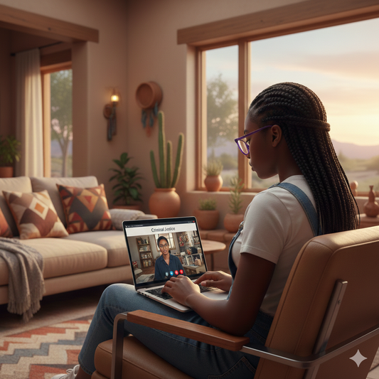 Woman sitting in a cozy living room using a laptop for a video call Brightspire Virtual School