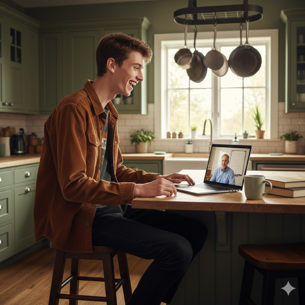 Man sitting at a kitchen table using a laptop, smiling during a video call. Brightspire Virtual School