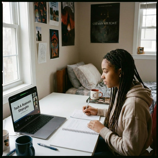 High school student studying in a room with a laptop and books